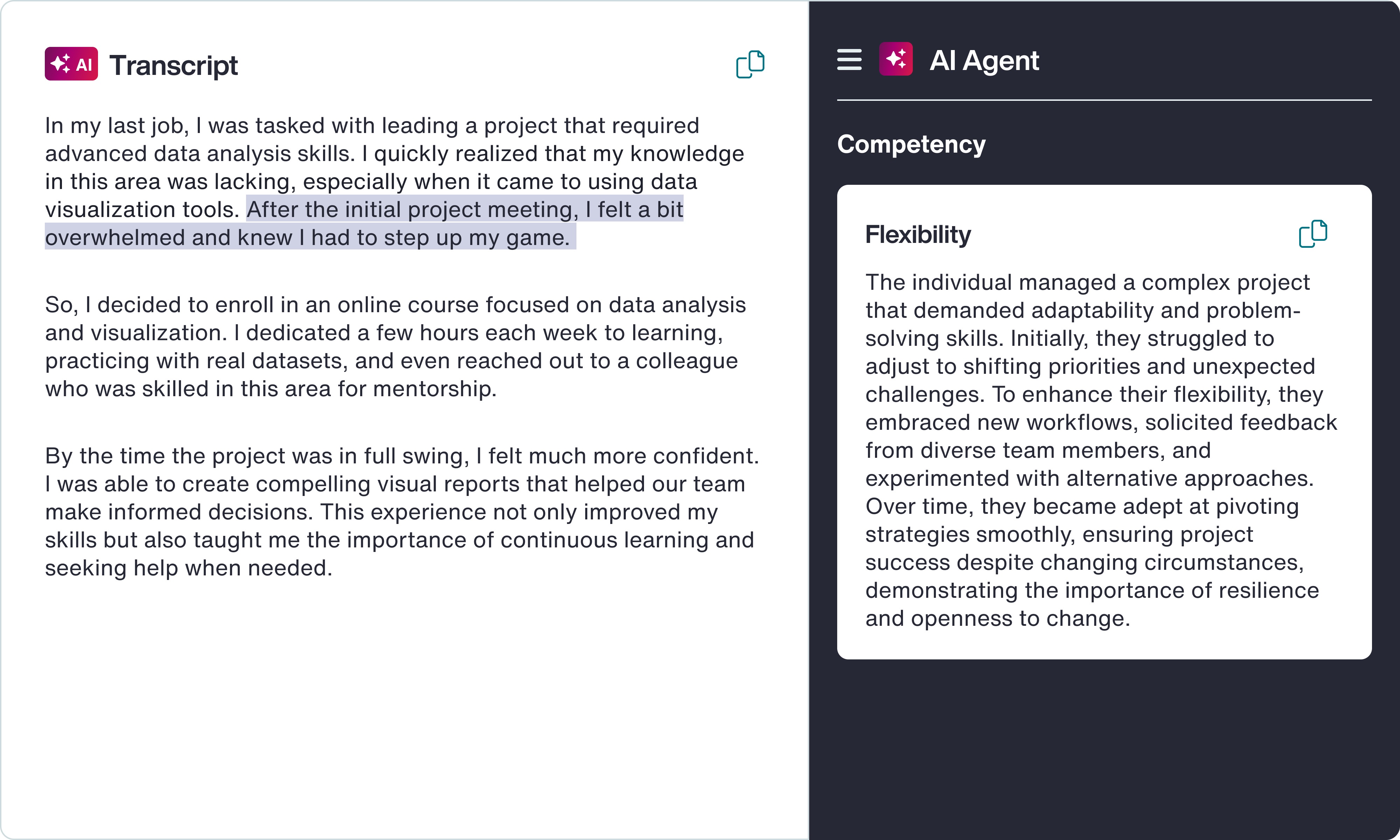 Competency-level AI summary breaking down candidate performance