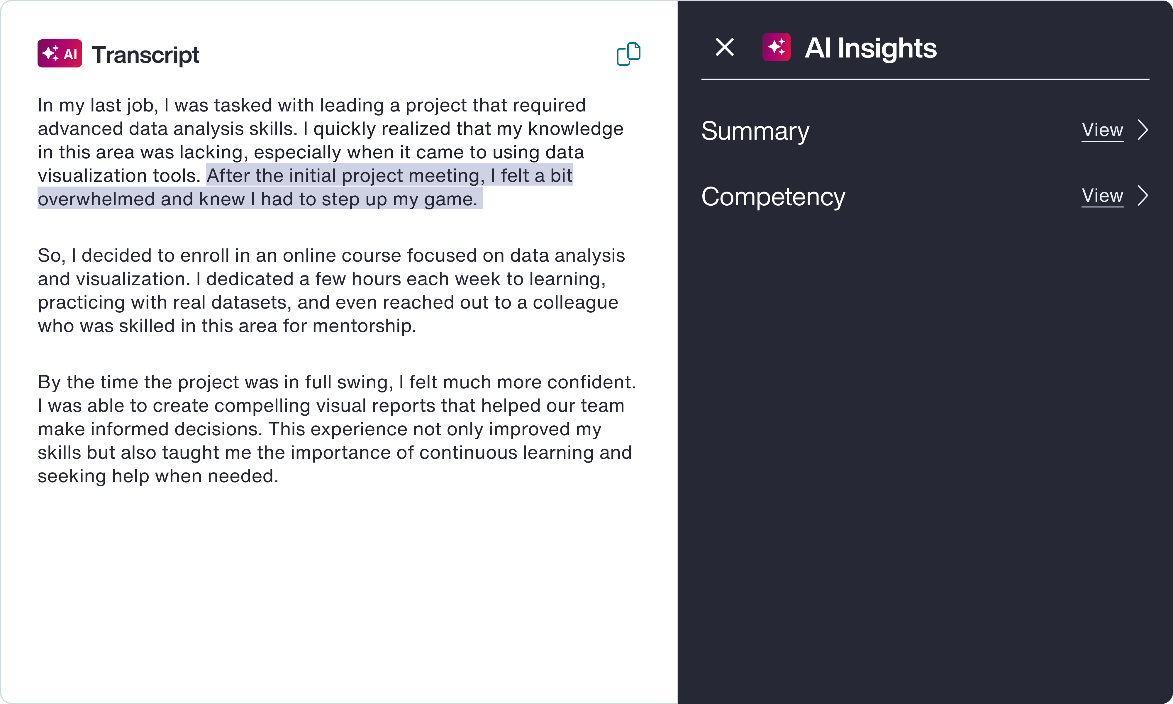 AI insights panel overview within the assessment review interface